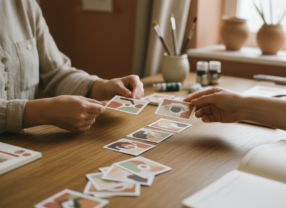 Hands exchanging tiny art cards across a table at a trading session.