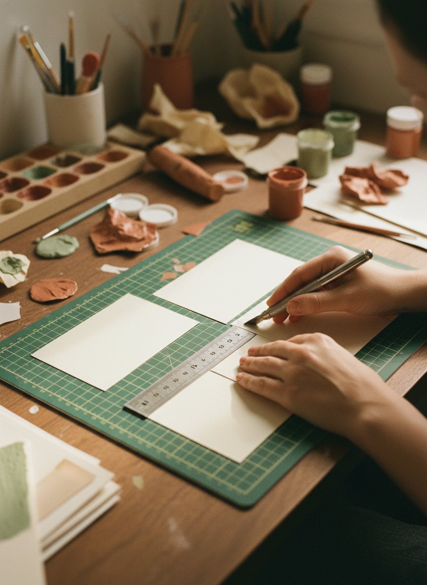 Cutting cardstock to 2.5 by 3.5 inches with a metal ruler and craft knife on a cutting mat.