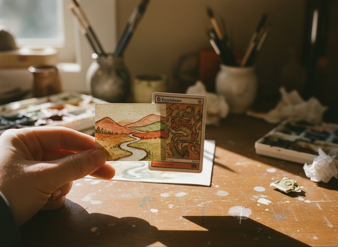 A finished ACEO held beside a trading card to show the matching 2.5 by 3.5 inch size.