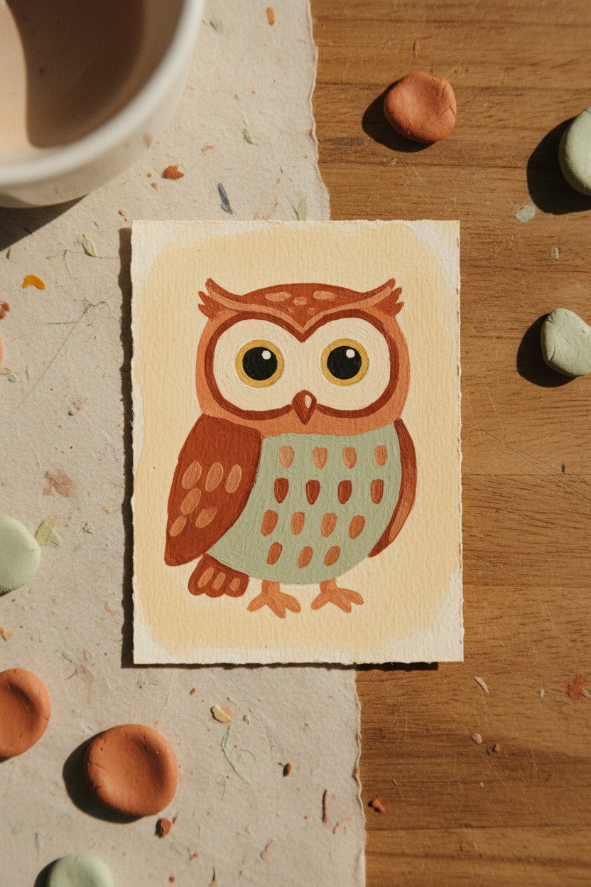 A 2.5 by 3.5 inch gouache example ACEO: Little Owl.