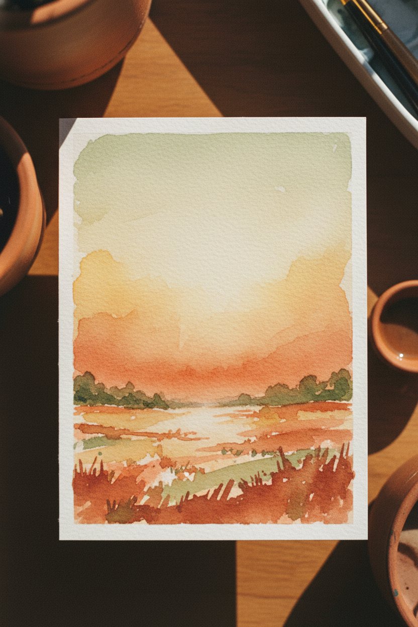 A 2.5 by 3.5 inch watercolor example ACEO: Evening Field.