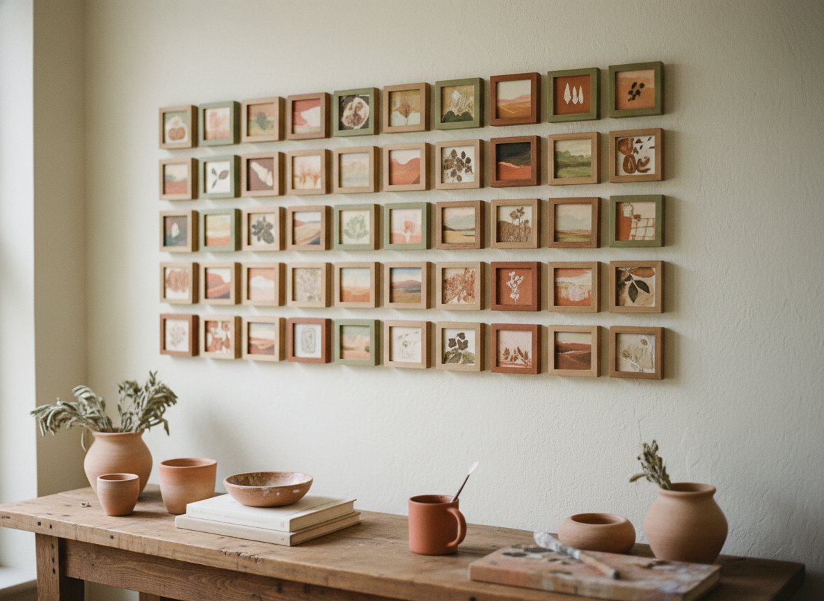 A warm gallery wall of many tiny framed ACEO artworks in different styles.