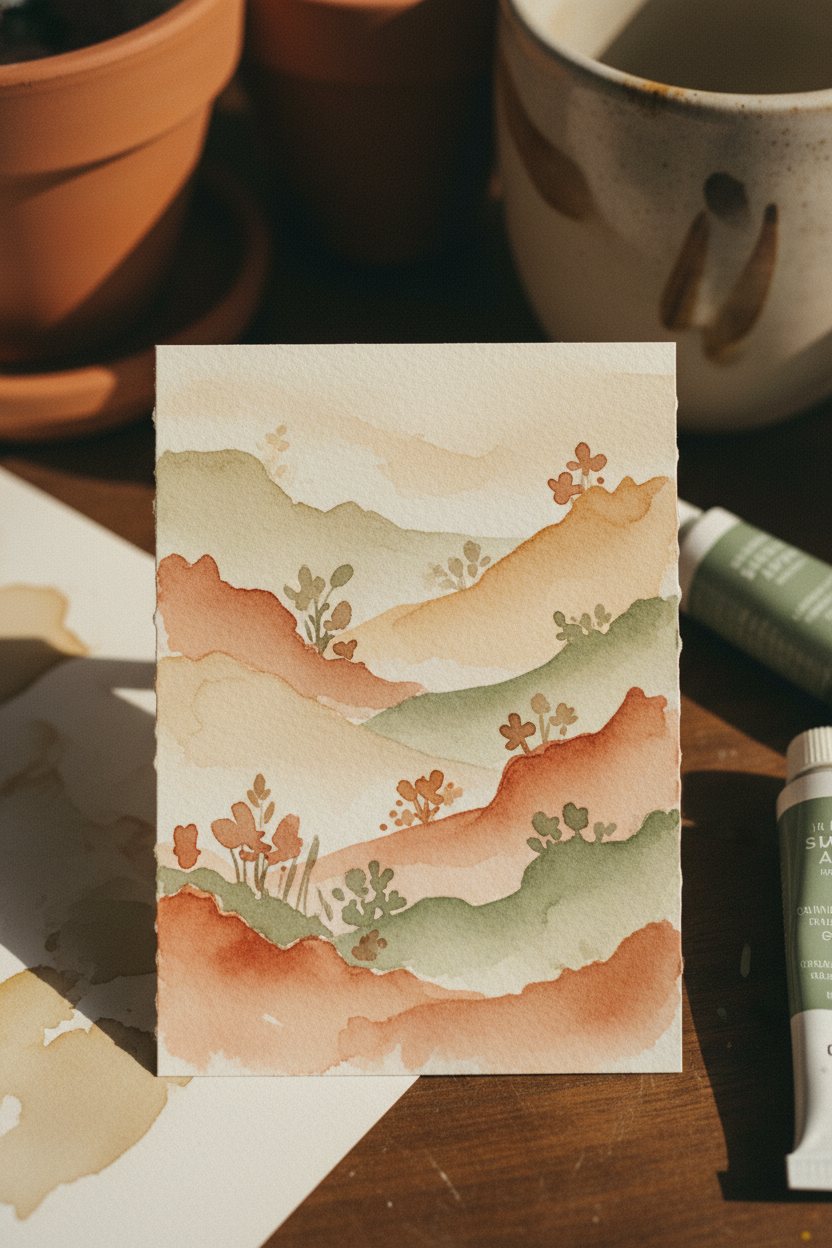 A tiny watercolour ACEO of a misty landscape.