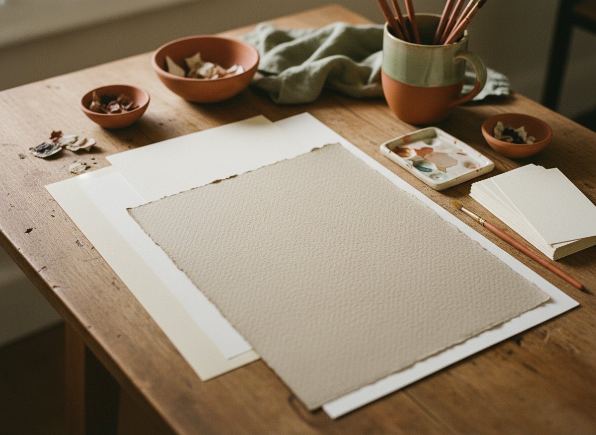 A flat lay of watercolour paper, bristol board, and pre-cut blank art cards.