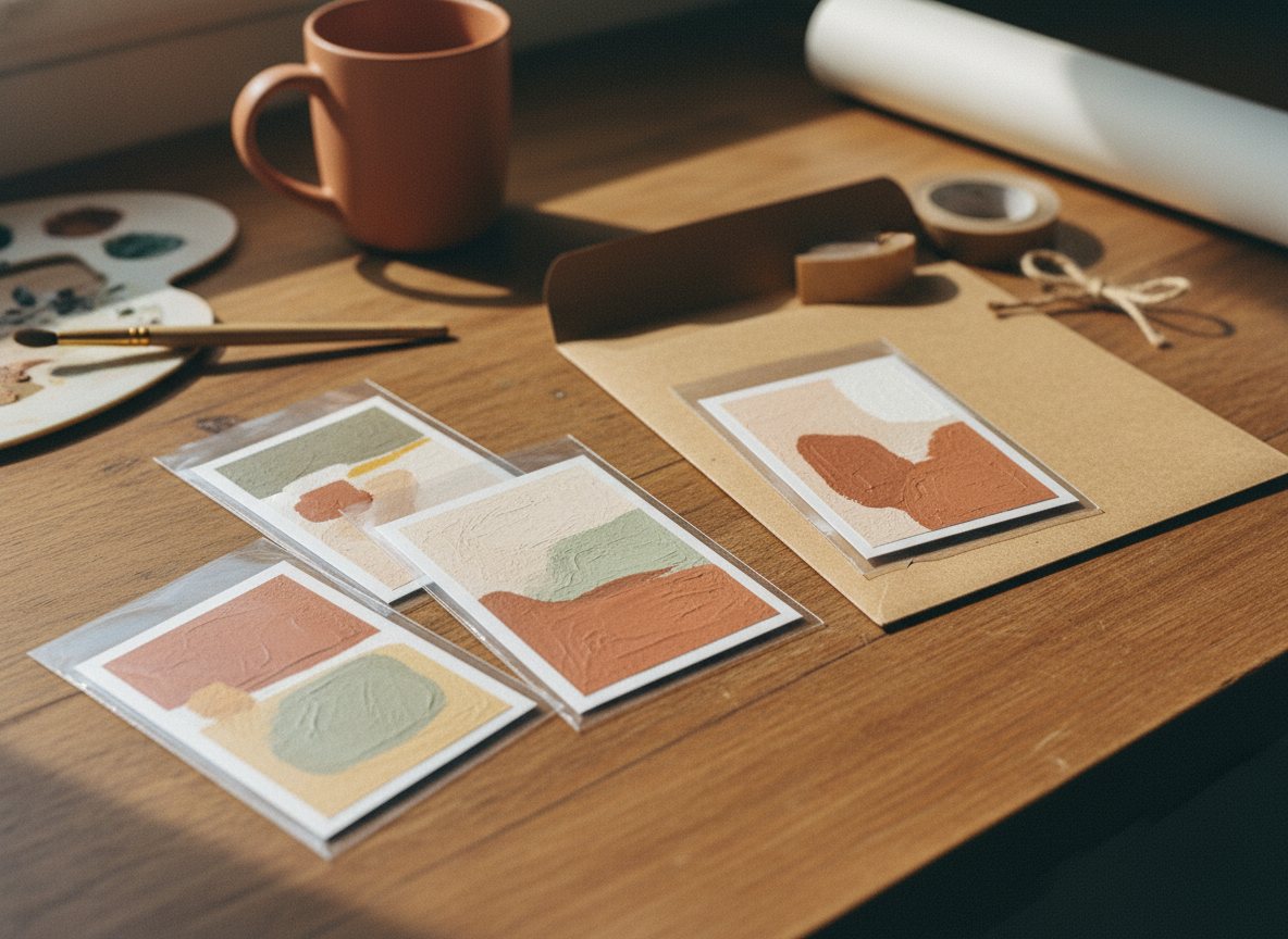 ACEO cards in sleeves and rigid toploaders beside a rigid mailer ready to ship.